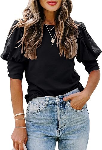 GenericWomen's Puff Sleeve Tops Summer Crewneck Loose Casual Blouse Shirts