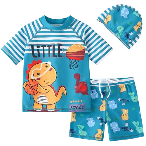 AIWUHE Toddler Boys Swimsuit Set Rash Guard Boys' Swimwear Two Piece Bathing Suit and Swim Trunk with Hat UPF 50+ 3-8Y