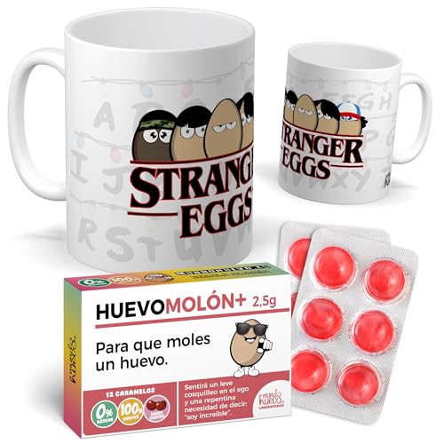 mundohuevo Pack taza Stranger Eggs + caramelos HuevoMolón regalo friki original | Taza divertida desayuno serie, regalo para cumpleaños, fans y amigos coleccionistas