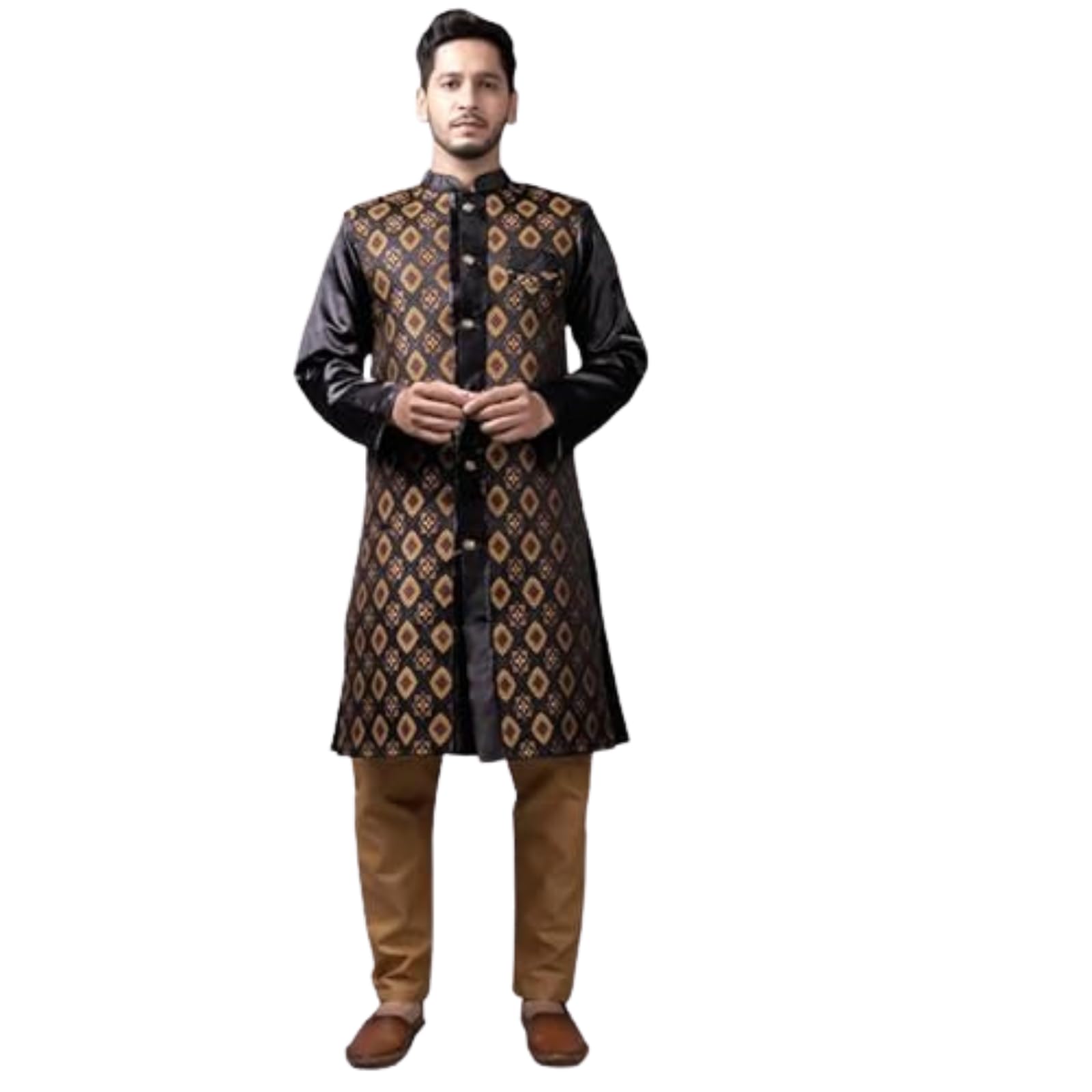 xepon Mens Ethnic Wear Yellow Pattern Indo Western Pajama Set-picture-12