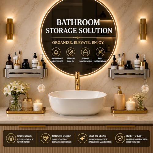 Image of Hallstatt Pack of 2 Aluminum Bathroom Shelf with Removable Hooks, Wall Mounted Bathroom Organizer Shelves Storage Rack Holder Stand for Bathroom Accessories Set with Drill Installation - Grey
