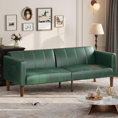 Image of GarveeHome Futon Sofa Bed, 75-Inch Modern Faux Leather Convertible Couch, Mid-Century Loveseat for Small Space, Living Room, Bedroom, Green