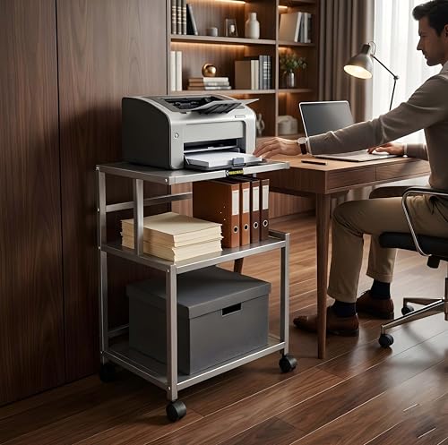 Image of Premium Metal Iron Sliver Printer Stand with Wheels - Heavy-Duty & Stylish Storage Solution for Files, and Essentials - Durable, Modern & Perfect for Homes & Offices. (Silver)