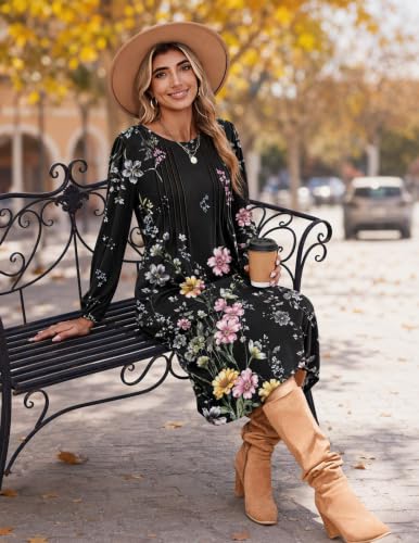 Image of Zeagoo Fall Dresses for Women Long Sleeve Midi Dress Casual A Line Dresses 2026 Pleated Flare Dress with Pockets
