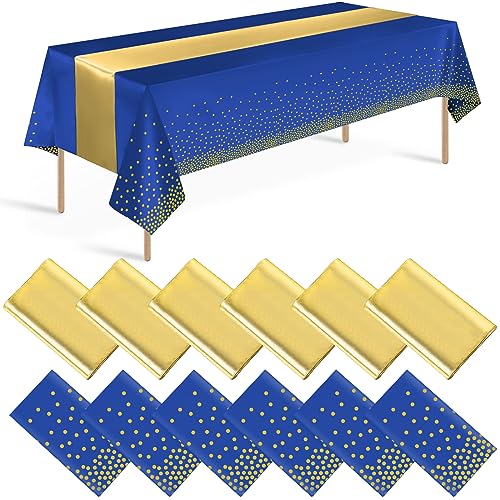 12 Pack Blue and Gold Tablecloth and Table Runner Party Decorations, Royal Blue and Gold Plastic Disposable Tablecloth and Satin Table Runner for Wedding Birthday Bridal Graduation Anniversary Party