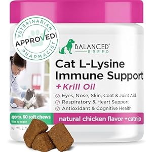 Balanced Breed L-Lysine Cats Immune Support Soft Chews Made in USA Non-GMO Vet-Pharmacist Approved Krill Oil Omega 3 Cat Vitamins Indoor Cats Supplements Asthma Relief Cat Lysine Allergy Relief 60 ct.