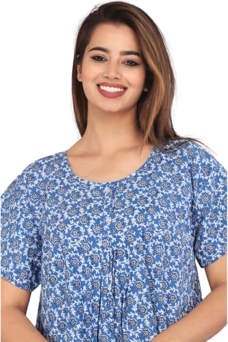 Image of Kuruti B Sheets Cotton Nighty for Women Jaipuri Print 2 Button Round Neck Short Sleeve Night Gown | Maxi Dress