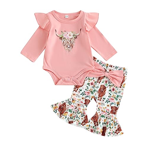 Image of BULINGNA Baby Girl Western Cowboy Outfits Ruffle Long Sleeve Cow Print Romper Flare Pants Infant Girl Fall Winter Clothes