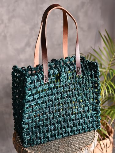 Image of KADAM HAAT Unisex-Adult Handmade Sabai Grass Lunch Bag | Dry Grass Bag For Lunch And Bottle | Tiffin Box Bag For School Or Office With Leather Handle (Indigo), Blue