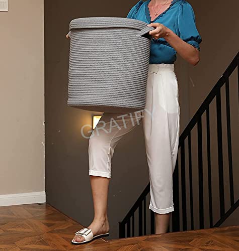 Image of Mansa Traders 12 inch x 12 inch x 14 inch Large Storage Basket with Lid, Cotton Rope Storage Baskets, Laundry Hamper, Toy Bin, Toys Blankets Pillows Storage in Living Room Baby Nursery,Grey Stiches with Cover