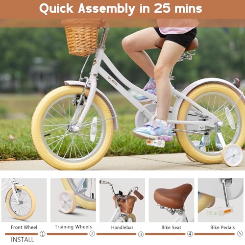 Image of Glerc Little Molly 12-20 Inch Kids Retro Cruiser Bike for 2-13 Year Old with Wicker Basket & Training Wheels /Kickstand, Multiple Colors