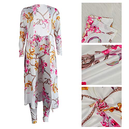 Women's 2 Piece Outfits Stripes Floral Print Open Front Cardigan And Legging Pants Set White #TOP4