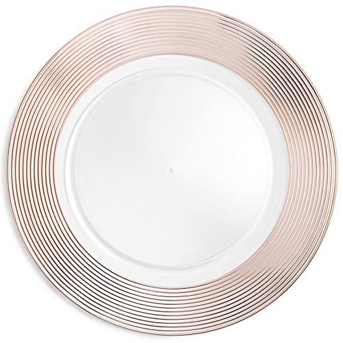 Rose Gold Charger Plates 13” (Set of 6) Dinner Service Plates for Parties, Weddings, Thanksgiving, New Year’s Eve Celebrations, Clear Plastic Disposable, Reusable Chargers, Dinner Plates