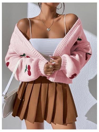 Image of GORGLITTER Women's Cherry Cropped Cardigan Sweaters Open Front Long Sleeve Cute Chunky Knit Short Cardigan Trendy