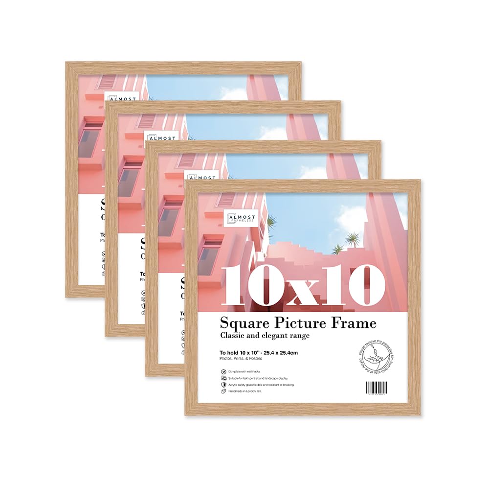 Almost Frameless 10x10 Oak Picture Frame Set of 4, Display 10x10 Picture Gallery Wall, Poster, Photo, Artwork, or Print, Oak, Square โ image 1