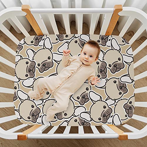 Image of Fitted Crib Sheets French Bulldog Dog Stretchy Portable Playard Sheets for Baby Toddler, Breathable Soft Mini Crib Mattress 52 x 28 in for Boys and Girls