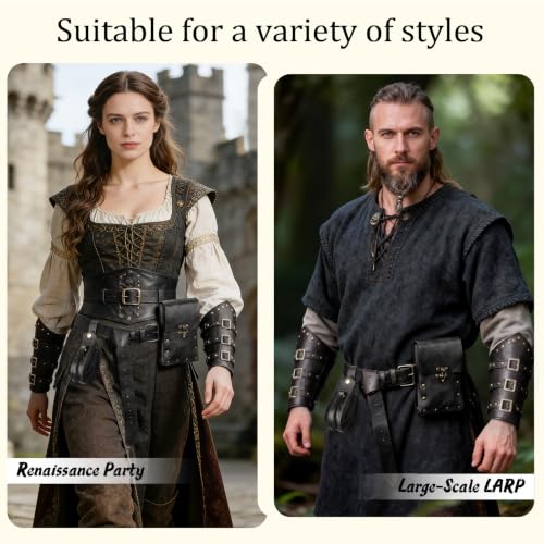 Image of Renaissance Belt Pouch Medieval Viking Leather Bracers Set for LARP