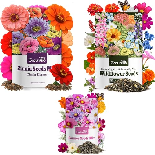 Groundio Zinnia & Hummingbird & Cosmos Seed Mix, 3 Oz (3 Packs), Flowers Seeds for Planting, Wildflower Seeds Bulk, Open Pollinated, Non GMO Made in USA