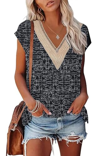 PLOKNRD Camiseta de Encaje Femenino con Cuello V Elegante Blusa de Manga Corta en Verano T-Shirt Relajada Blusa de Playa Estrella Negra S