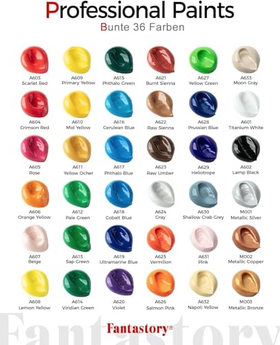 Image of Fantastory 60ml 36 Colors Acrylic Paint Set with 12 Brushes | Professional Series, Thick Paints for Adults, Canvas, Wood, Fabric, Ceramic, Rock Painting