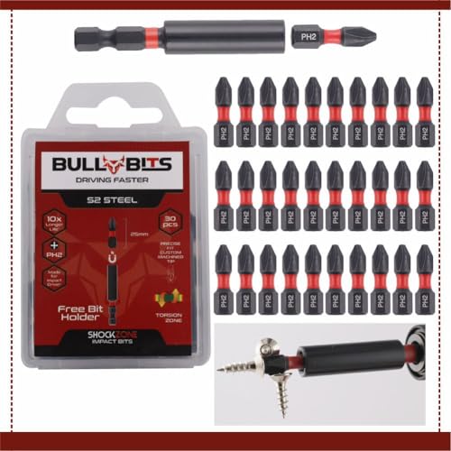 30x Bull Bits 25mm PH2 Impact Screwdriver Bits Set – Phillips No 2, Shock Zone, S2 Steel, Torsion Zone, Magnetic Bit Holder