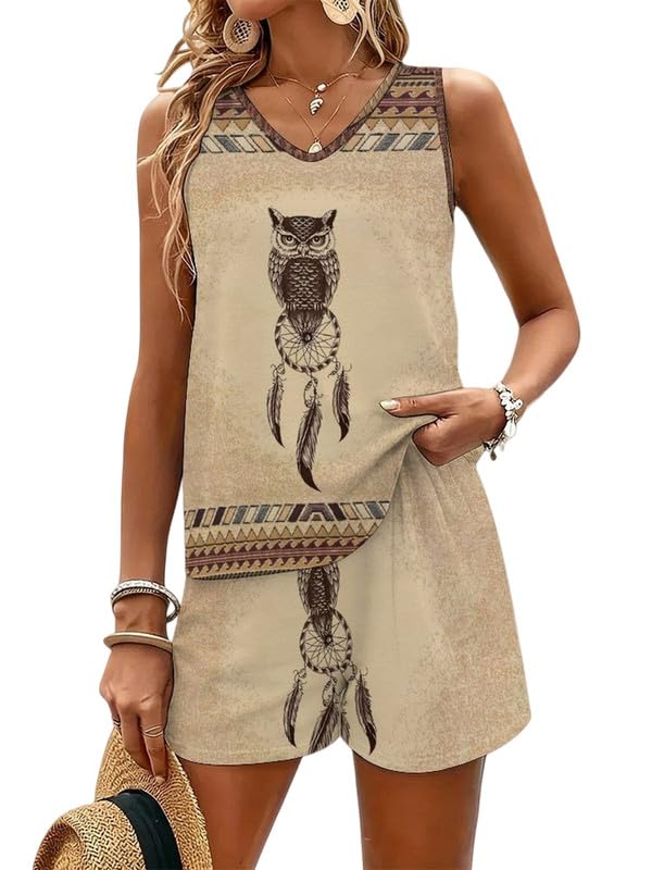 Ensemble court d'été vintage femme survêtement léger hibou contre la chaleur