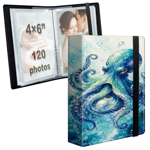 Image of Photo Album 4x6 120 Photos with Strong Elastic Band, Ocean Octopus | Large Capacity Premium Leather Picture Album, Portable Wallet Albums Photo Book for Family Anniversaries Wedding Baby