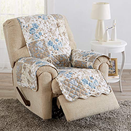 Image of Great Bay Home Reversible Floral Patchwork Recliner Furniture Protector - Machine Washable, Scalloped Edge, Stain Resistant, Printed Furniture Cover for Dogs, Kids, and Pets (Taupe /Blue)