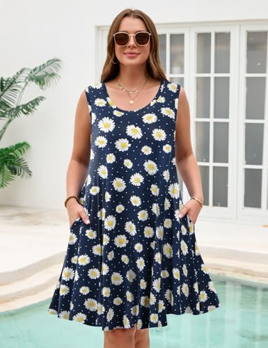 Image of JollieLovin Women Plus Size Curvy Summer Tank Sun Dresses Sleeveless Causal T-Shirt Dress Beach Swing Cover up(L-5X)