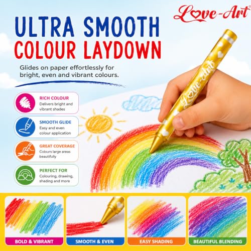 Image of Love-Art 12+1 X-TRA Long Wax Crayons for Kids | Extra Long, Ultra Smooth & Vibrant Colour Crayons | Non-Flaky, Washable Wax Colours for Drawing, Colouring, Art & School