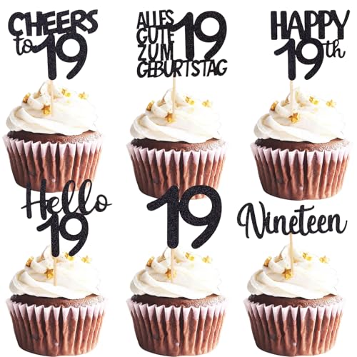 ALEGRE Cupcake Topper 19 Geburtstag Junge, 24 Stück Muffin Deko 19 Geburtstag Mädchen, Schwarz Glitzer Cupcake Deko 19. Geburtstagdeko, Happy 19th Tortendeko 19 Geburtstagdeko, 2006 Kuchen Deko 19
