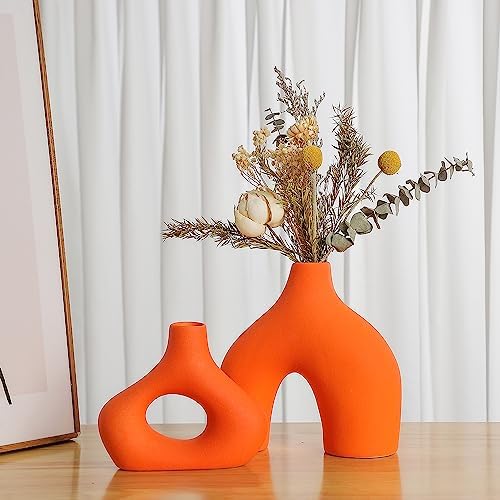 Juego de 2 jarrones de cerámica naranja para decoración moderna d...