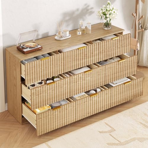 Image of Fluted 9 Drawer Dresser for Bedroom,60.3'' W Modern Dresser for Closet with Metal Handle, Wooden Chest of Drawers for Bedroom, Living Room, Hallway, Natural