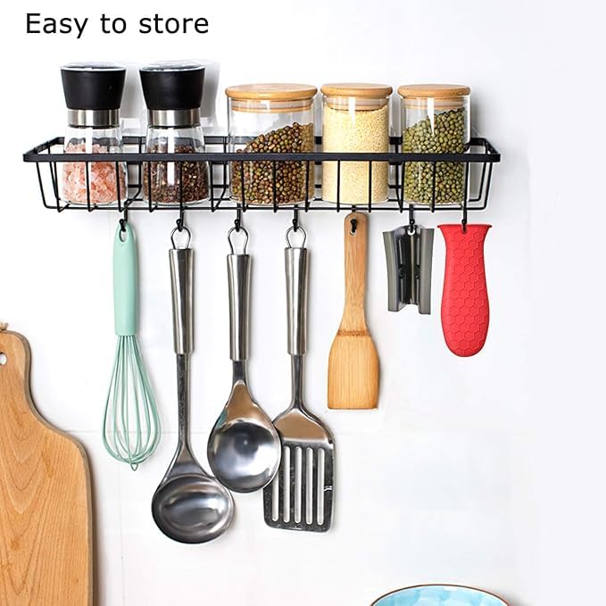 Dayish Kitchen Wall-Mount Seasoning Organizer Rack with 6 Hook Spoon Holder Multipurpose Bathroom Organizer Rack Shelf Adhesive Storage Holder for Kitchen Cabinet Pantry Bathroom Office 2