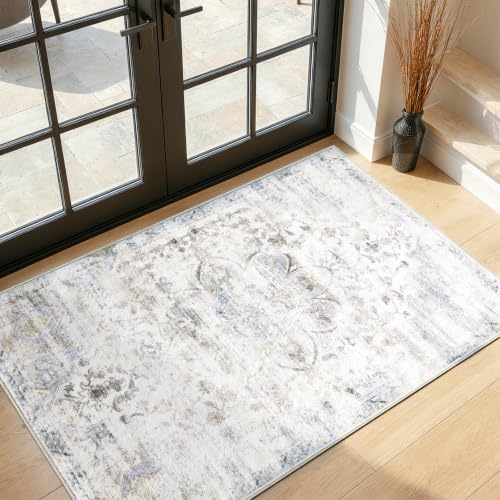 Image of 2'x3' Rugs for Living Room Bedroom, Washable Area Rugs, Pet & Kid Friendly Low Pile Carpet, Non-Shedding Non-Slip TPE Backing, Vintage Distressed Print Floor Mat for Bedroom Dining Room, Blue