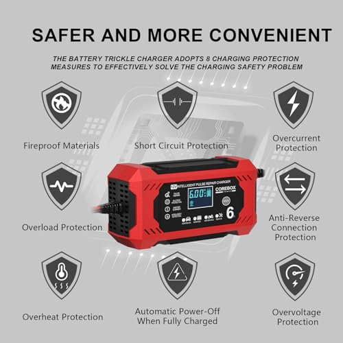 Image of COREBOX Battery Charger 6-Amp 12V Car Battery Charger Chargeur Intelligent 12V, Trickle Charger, Battery Maintainer Desulfator with Temperature Compensation for Car Motorcycle Truck Lawn Mower (Red)
