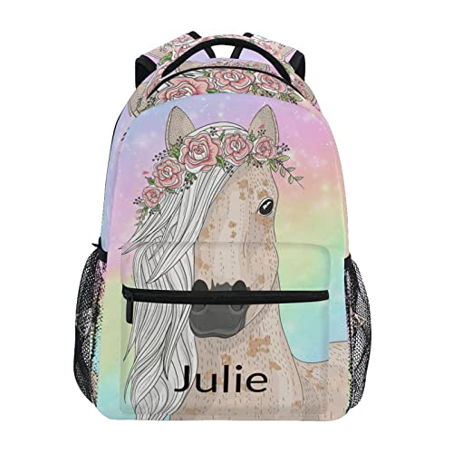ALAZA Custom Tie Dye Flower Horse Backpack for Girls Rainbow Horse Backpacks School Bookbags with Name 1-5th Grade