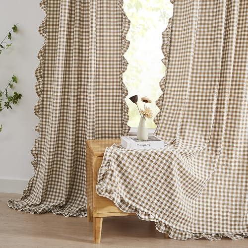 ZJDECOR Short Brown White Buffalo Plaid Crinkle Ruffle Curtains 63 Inch