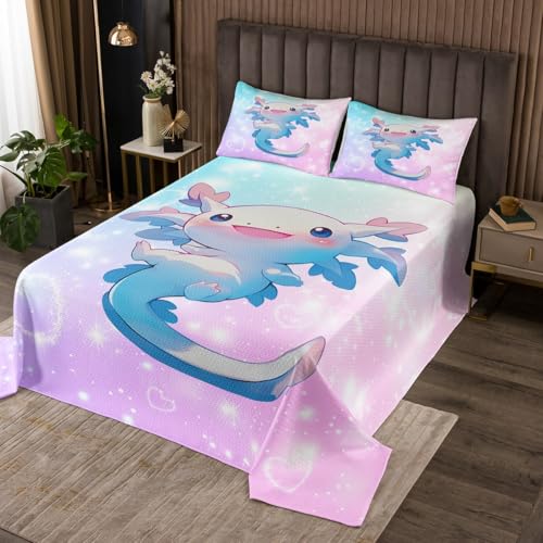 jejeloiu Cute Axolotl Quilted Coverlet Twin Size Cartoon Salamander Bedspread for Boys Girls Children Whimsical Marine Animal Coverlet Set Room Decor Breathable Soft Microfiber All Season 2Pcs