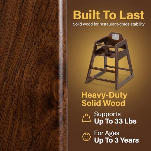 Image of Dark Brown Wooden Restaurant High Chair - Stackable Rubberwood Dining Chair with Safety Bar, Easy-Clean Finish, Commercial Restaurant Seating