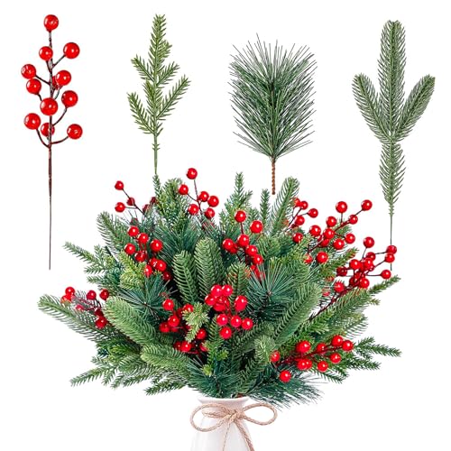 Juego de 60 ramas de pino artificiales, bayas de Navidad, bayas rojas verdes, ramas artificiales de Navidad, agujas de pino para decoración de árbol de Navidad, corona de Navidad, decoración de jardín