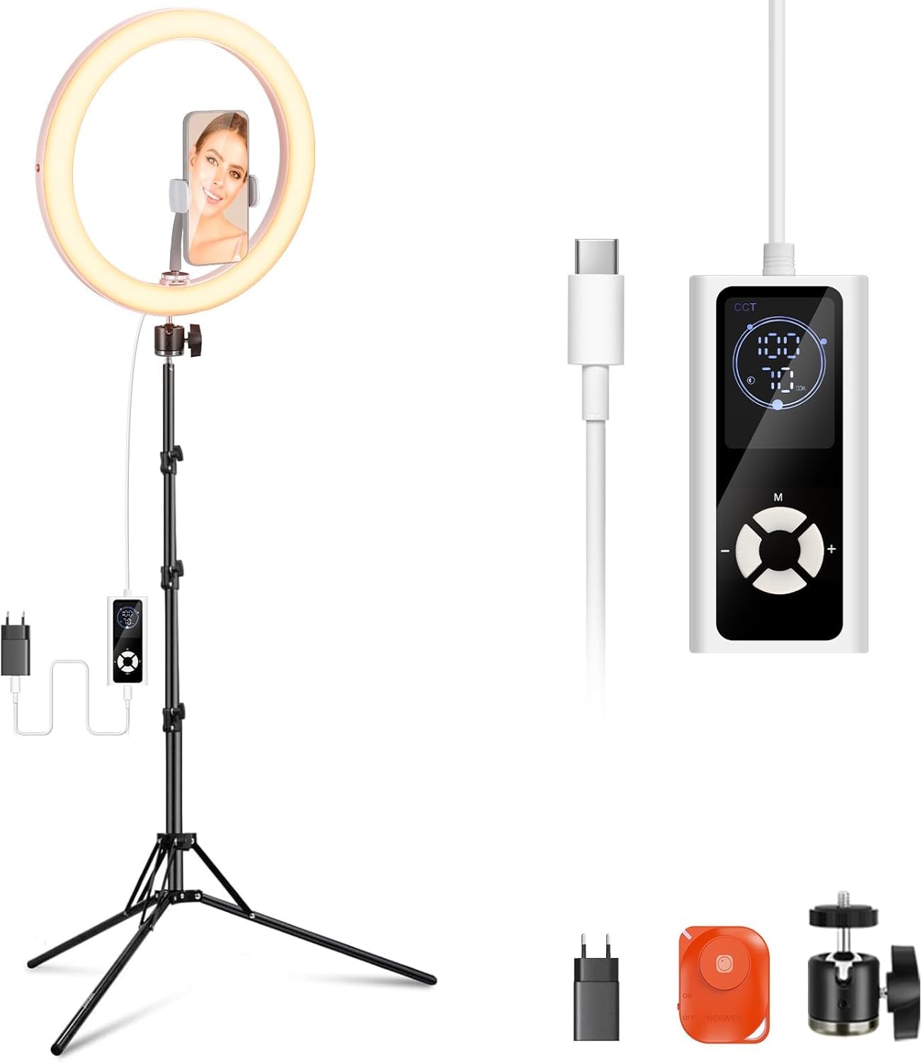 NEEWER RH12B Pro 12" 30 W LED lampa pierścieniowa, wysoka wydajność, ze statywem 71", kompatybilna z iPhone, 3290 lux Bi kolor selfie, światło okrągłe, uchwyt na telefon komórkowy do nagrywania filmów