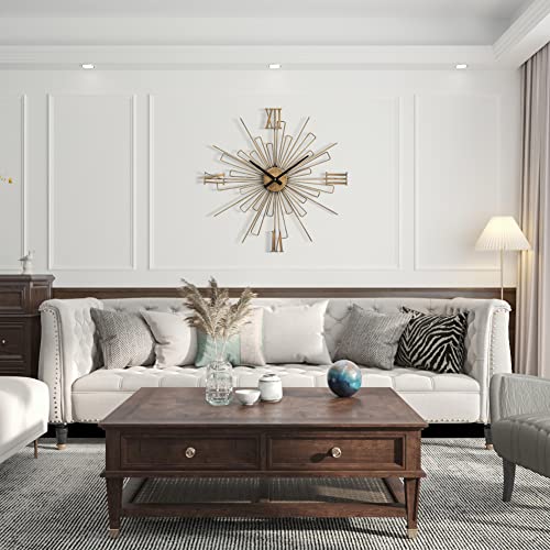 Thcisl Starburst Wall Clock Decor Silent Modern 24 Inch Art Large Clock Wall Decor For Living Room, Kitchen, Bedroom Battery Powered Wall Clock Gold #TOP2