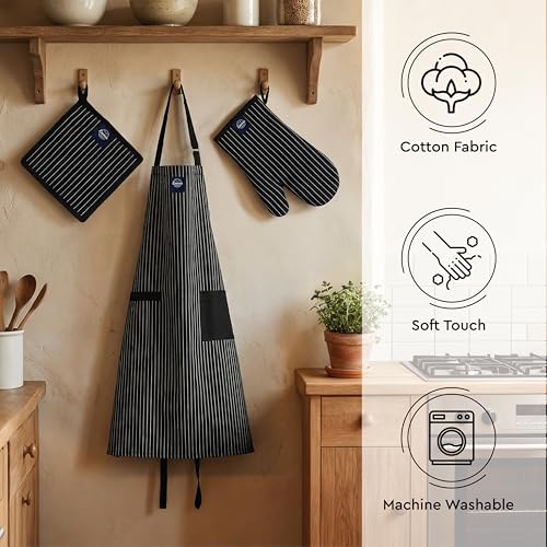Image of Encasa XO 100% Cotton Apron Set for Women & Men with Adjustable Apron, Oven Gloves & Pot Holder (Pack of 3) Combo, Heat-Resistant, Soft & Durable for Cooking, Baking & Grilling (Butcher Stripes Black)