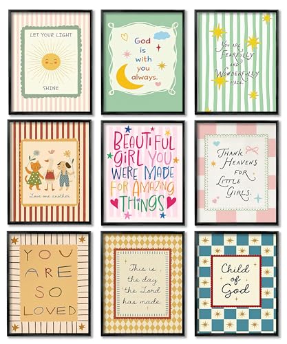 Christian Kids Wall Art Set of 9, Bible Verse Prints for Nursery Unframed