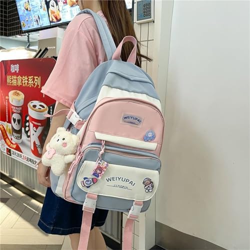 Generic Cute Aesthetic Backpack for Women Large Capacity Canvas Lightweight Bookbag Casual Daypack Work College Travel-Blue Two-Piece Set2