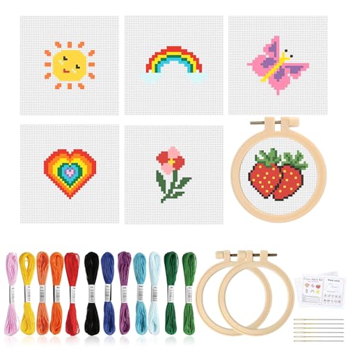 Innovess Cross Stitch Kits for Kids 8-15 Cross Stitch for Beginners Easy Embroidery Starter Kit with 6 Fun Patterns Threads Hoops & Needles Fun DIY Craft Gift for Children