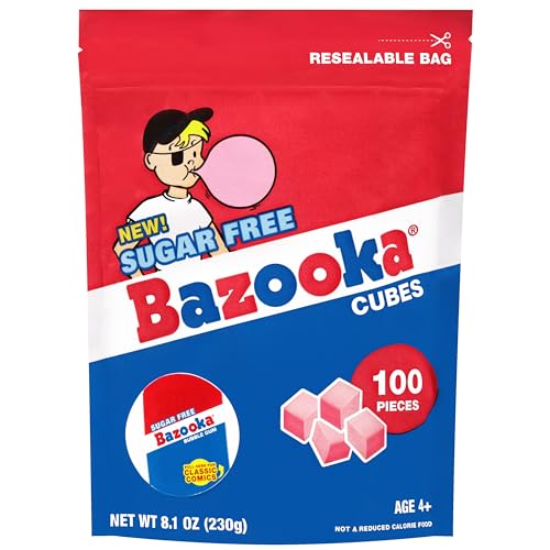 Image of Bazooka Bubble Gum Sugar-Free Chewing Gum Cubes, Bulk in Resealable Bag, 100 Ct in Original Pink Flavor w /Bazooka Joe Comics, Baseball Party Favors, Nostalgic 90s Candy (Pack of 12)