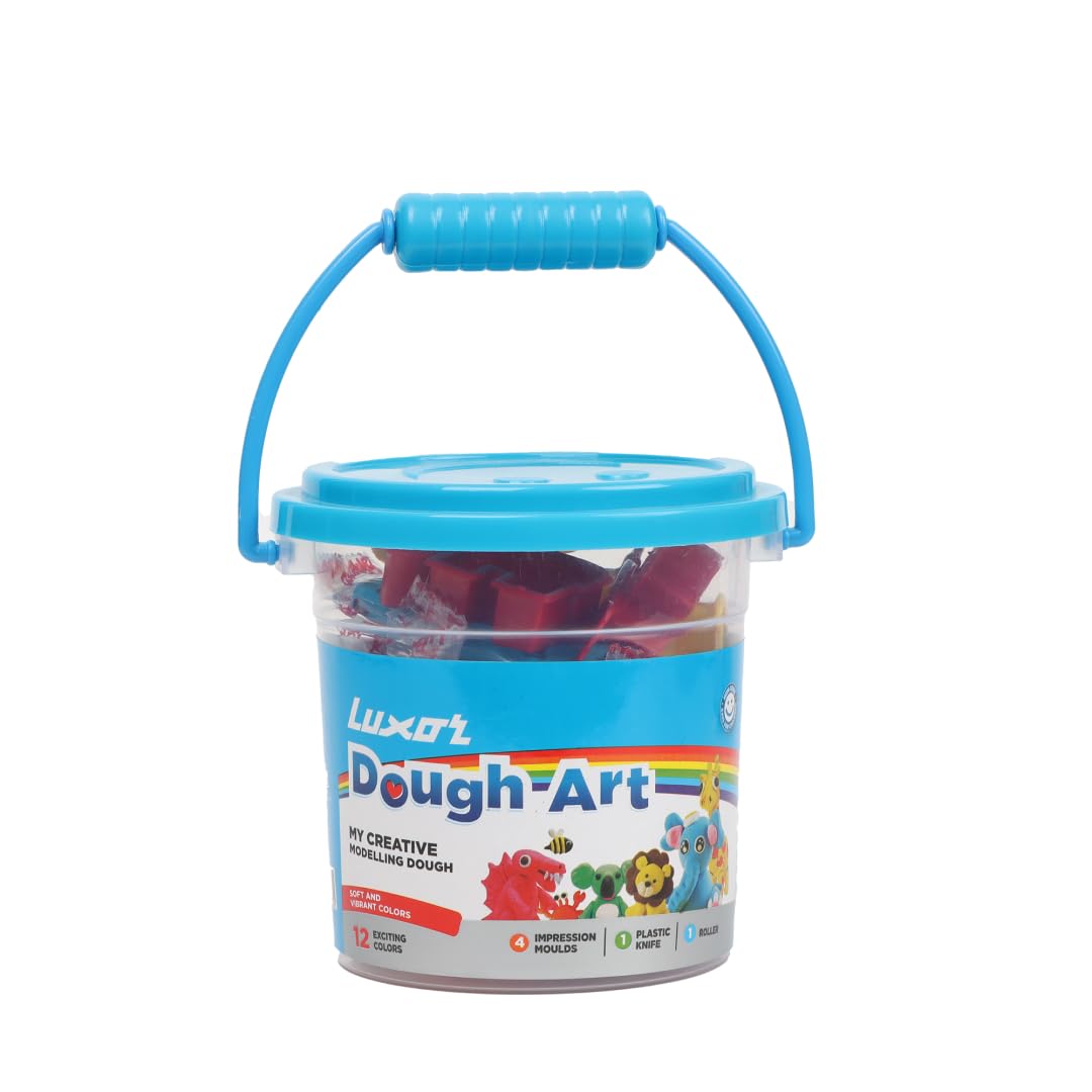 Luxor Doodles My Creative Modeling Dough Bucket| 12 Assorted Colours Dough, 1 Roller, 1 Plastic Knife & 4 Impression Moulds | Perfect for Creative Work