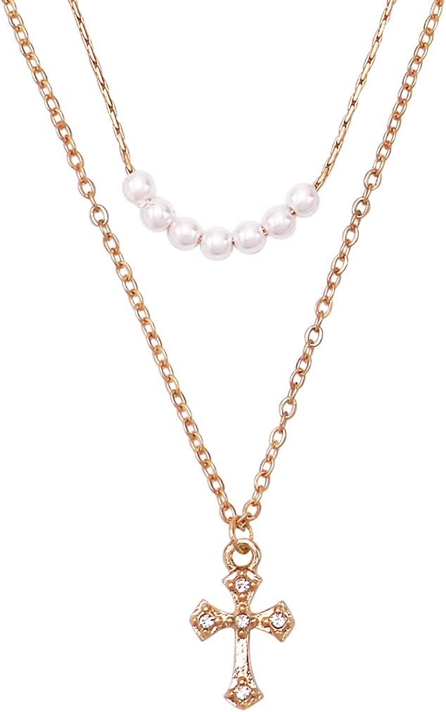 Rosemarie's Religious Gifts Women's Dainty Cross And Simulated Pearls 2 Strand Multi Chain Necklace,16"+ 3" Extender